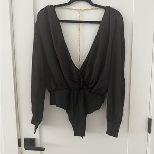 Vibe for Tonight Black Surplice Long Sleeve Chain Bodysuit